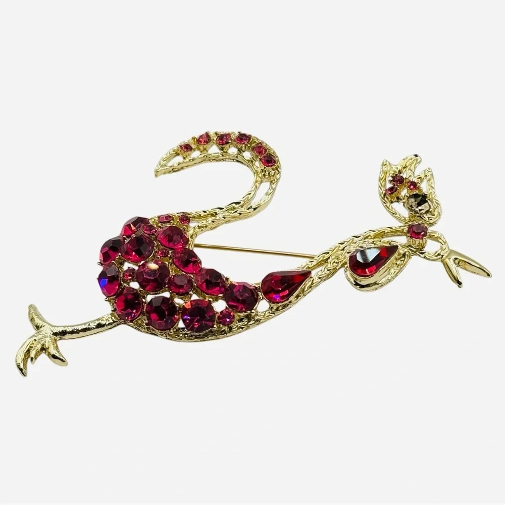 Vintage Gold Tone Roaster Brooch Fuchsia, Rhinestone Statement Pin